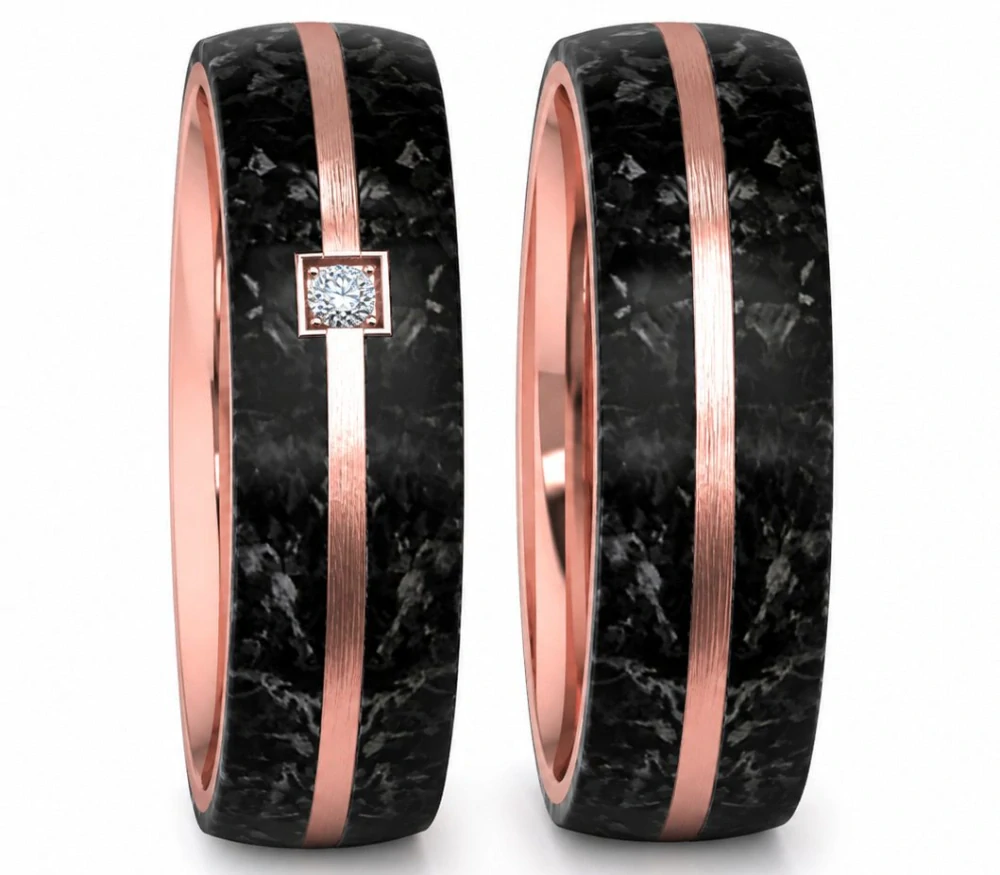 Elegantní snubní prsteny z oceli rose gold a černého karbonu se zirkonem