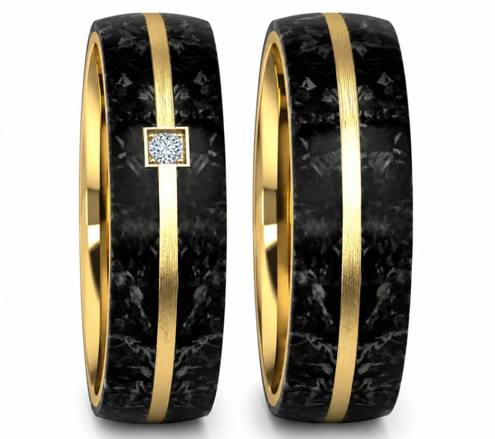 Elegantní snubní prsteny z oceli gold a černého karbonu se zirkonem
