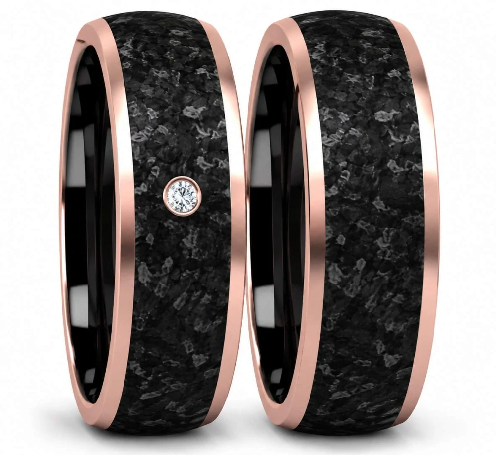 Jemné karbonové snubní prsteny s ocelí Rose Gold a zirkonem 6 mm