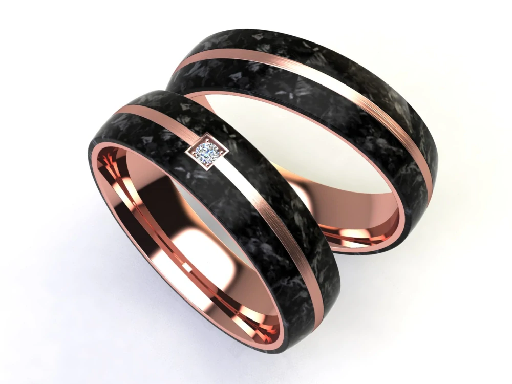 Elegantní snubní prsteny z oceli rose gold a černého karbonu se zirkonem