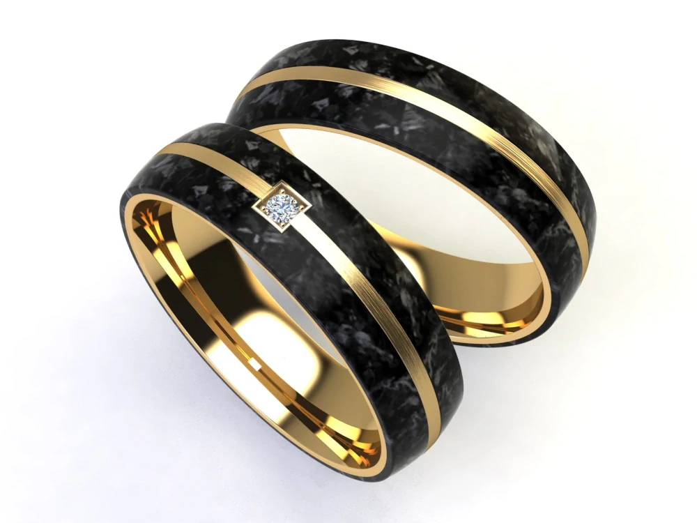 Elegantní snubní prsteny z oceli gold a černého karbonu se zirkonem
