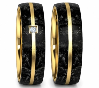 Elegantní snubní prsteny z oceli gold a černého karbonu se zirkonem