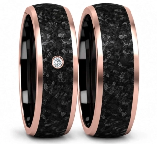 Jemné karbonové snubní prsteny s ocelí Rose Gold a zirkonem 6 mm